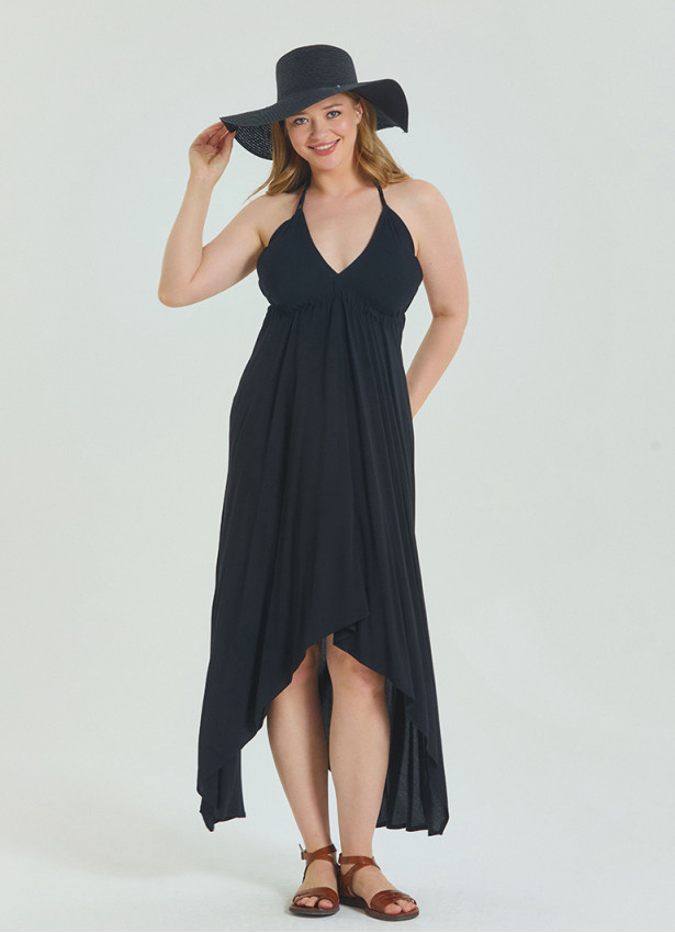 V Neck Backless Halter Neck Black Plus Size Dress 4663